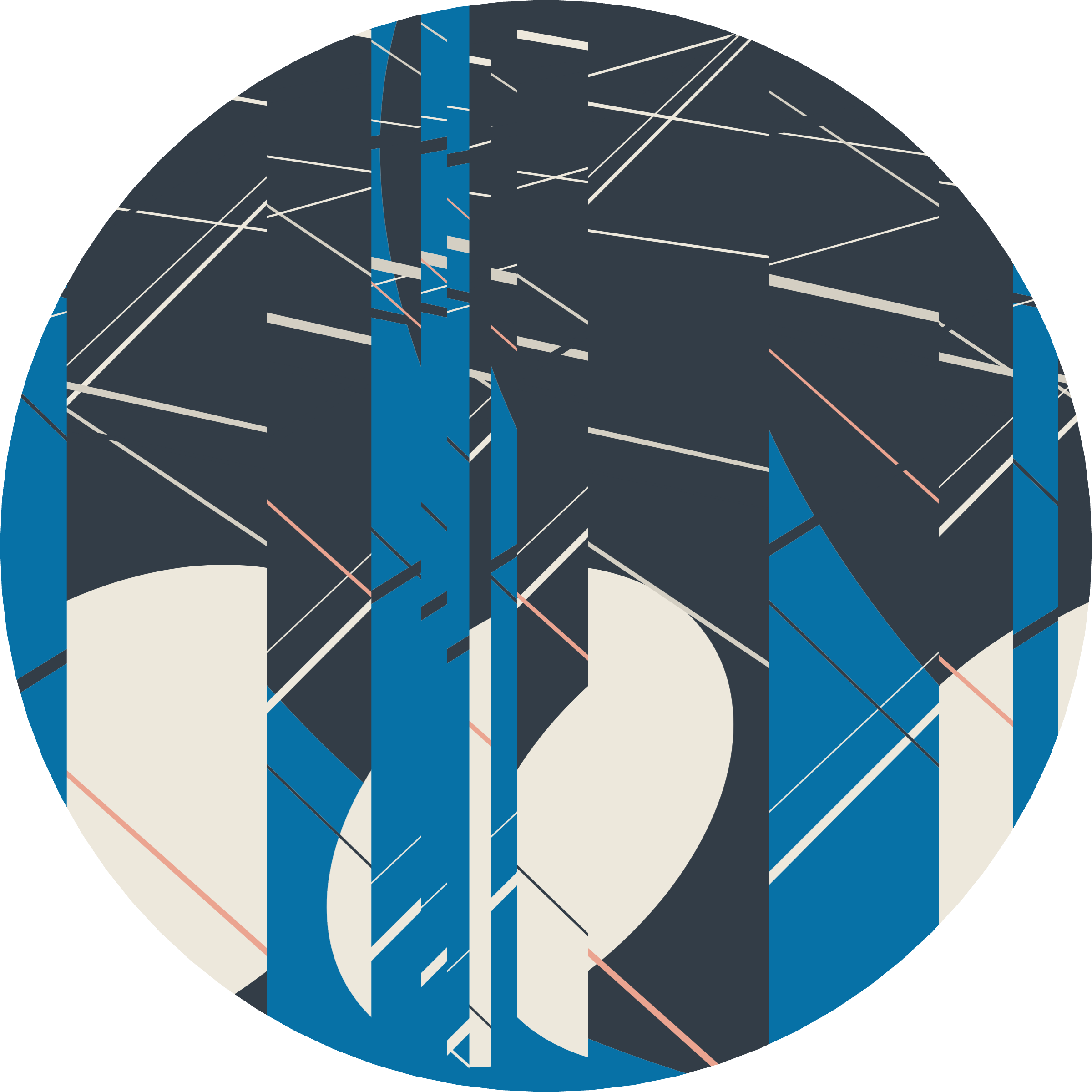 Dark blue-charcoal circular field with cream semicircles, diagonal fragments, and conspicuous vertical slice divisions.