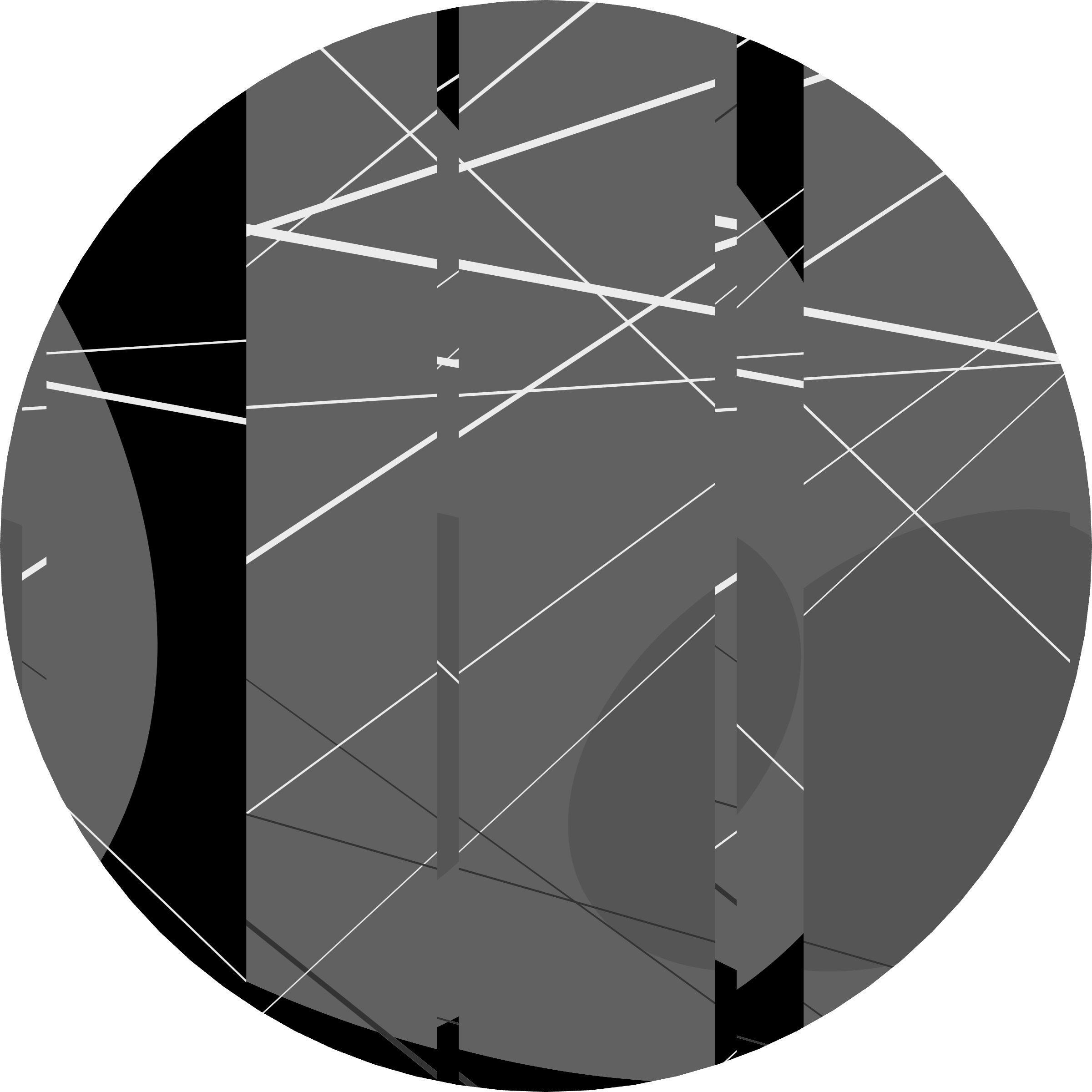 Grayscale field with black bands, gray planes, and intersecting white lines.