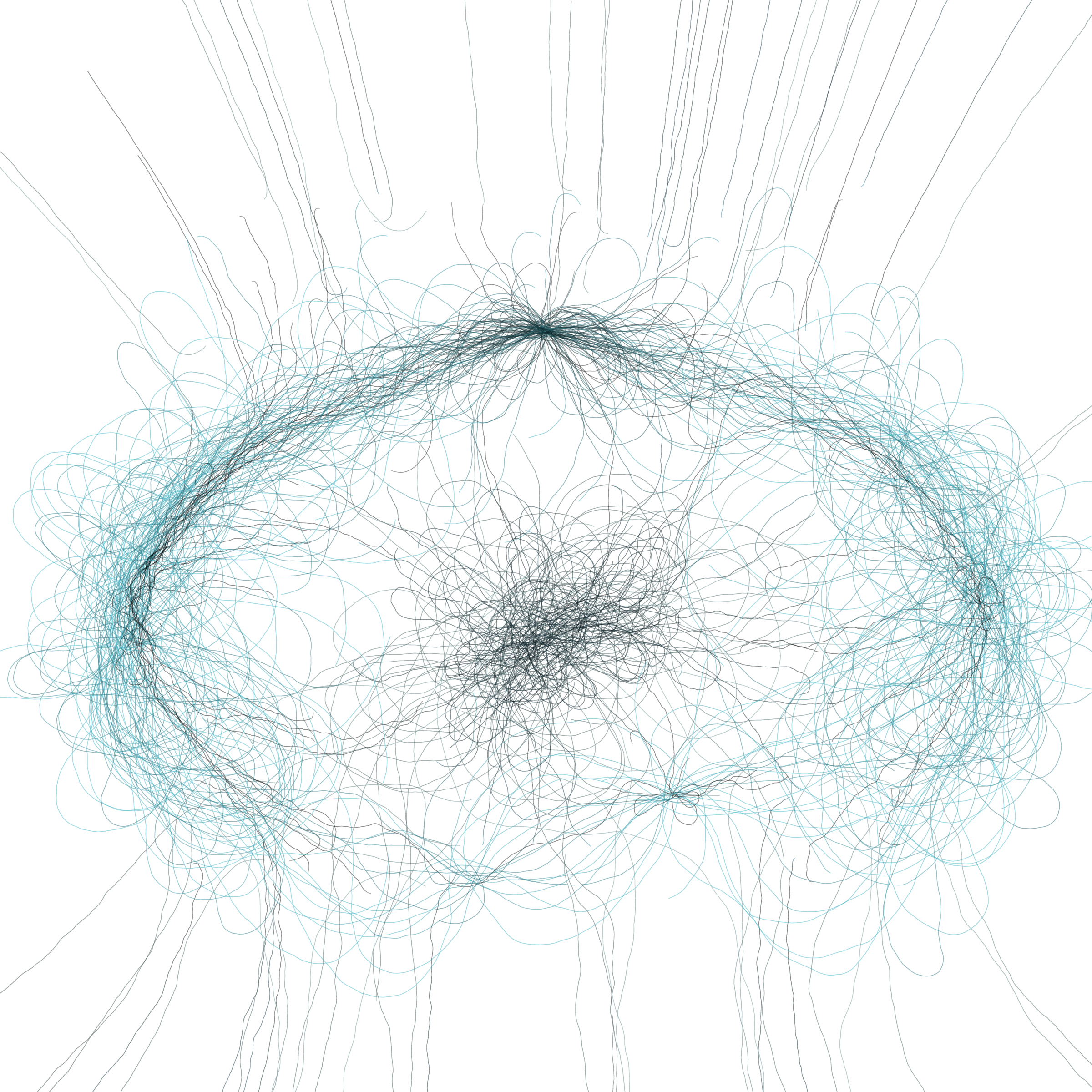 Blue-gray central and lower knot with trajectories rising and dispersing.