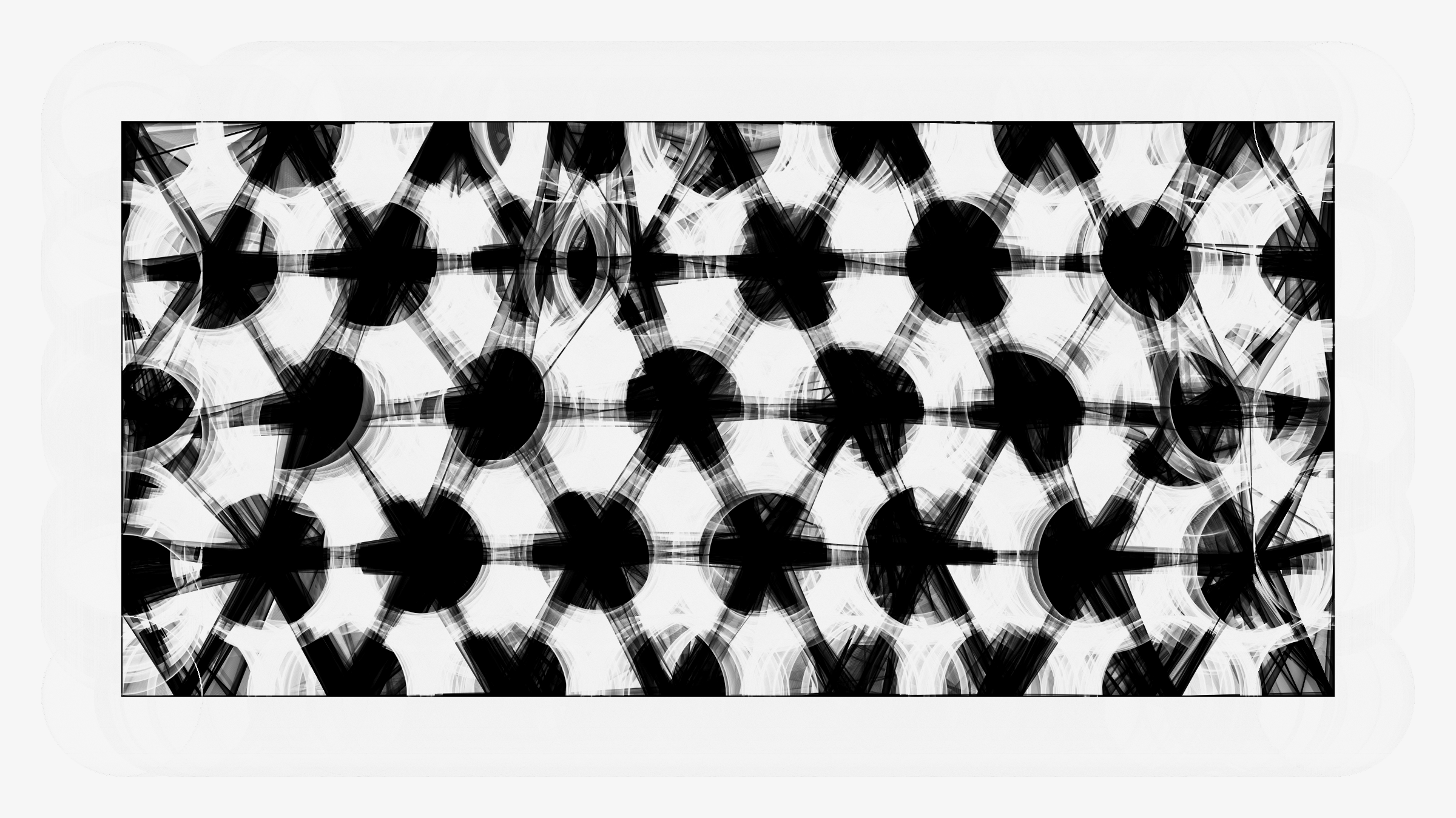 Rows of circular masses, repeated axes, and translucent sweeps and overlaps.